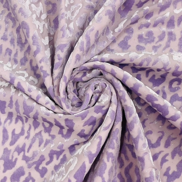 Lilac Leopard Design With Glitter, Burnout Velvet 4 Way Stretch 58/60” Sold by the yard (Pick a Size)