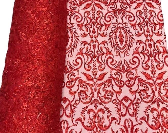 Red Floral Damask Pattern Beaded Fabric - Embroidered Beaded on a Mesh Wedding Bridal Fabric, Red Beaded Lace Fabric Sold By The Yard