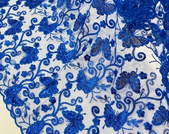 Royal Blue Butterfly Embroidered Lace Fabric with Metallic Thread & Sequins by yard