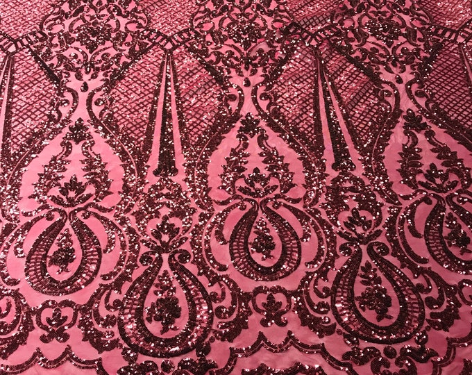 Sequins Burgundy Lace Fabric, DAMASK Design Embroidered on a Mesh 4 way Stretch Sequin By The Yard -Prom-Gown ( Choose The Size )