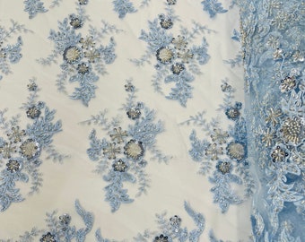 Baby Blue Beaded Embroidered Lace Fabric | Flower Cluster Border