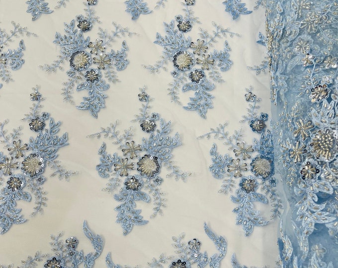 Baby Blue Flower Cluster Beaded Fabric | by the yard | Embroidered Beaded Layered Border Fabric, Lace Beaded