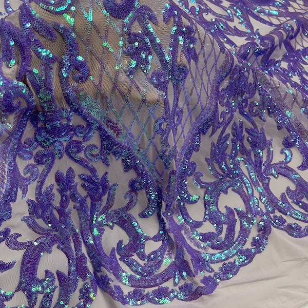 Lilac Iridescent Sequins Fabric 4 Way Stretch on a Mesh | Embroidered Damask Design With Sequin Lace Prom-Gown by the yard