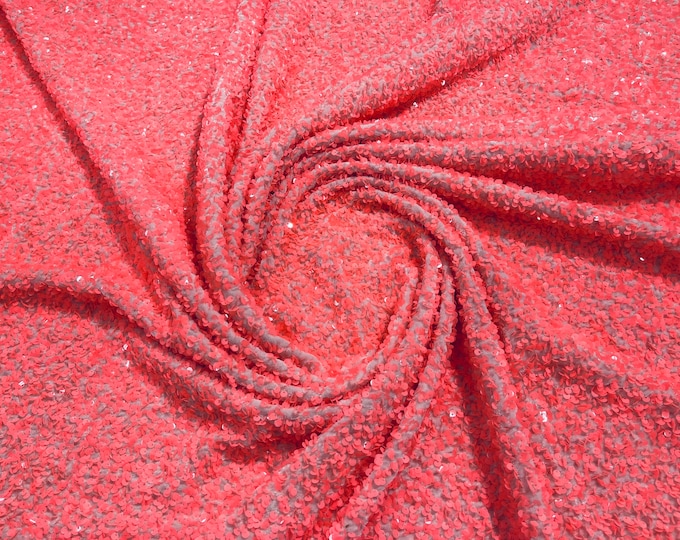 Pink/Coral Sequin on Blush Stretch Velvet With Sequins all Over 5mm Sequins 2-way Stretch 58/60” (Choose The Quantity)