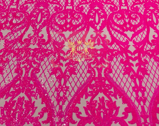 Pink Holographic Sequins Fabric on Lt Pink Mesh - 4 Way Stretch Sequins Heart Pattern Damask with Fish Net Details on Mesh Sold By Yard