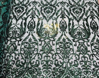 Hunter Green Sequin - Fancy Damask Zoe Design on a 4 Way Stretch Mesh Fabric for Prom Gala Gown