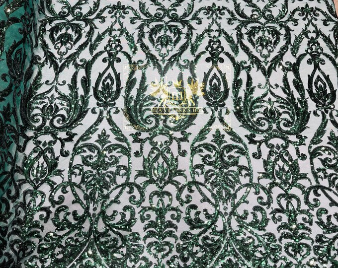 Hunter Green Sequin - Fancy Damask Zoe Design on a 4 Way Stretch Mesh Fabric for Prom Gala Gown