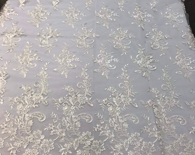 Ivory Flower Lace Fabric - Floral Clusters Embroidered With sequins on a Mesh Lace Fabric Sold By The Yard