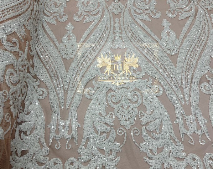 White Sequins Fabric - 4 Way Stretch Fancy Big Damask Design Sequins on Spandex Mesh Prom Gala Gown Fabric By The Yard