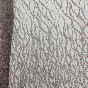 Rose Gold Fire Flame Beaded Fabric | by the yard | Bridal Wedding beaded, Flame Pattern With Beads and Sequin, Appliqué lace Fabric