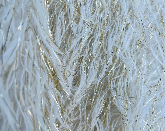 Metallic Ivory/Gold Eyelash Design By The Yard, eyelash fabric, Feathers Sewing Fringe ( Choose The Size )