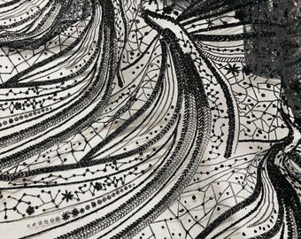 Black Rhinestones Glitter Fabric on a Mesh By The Yard | Fashion Desing Glitter Rhinestones on Mesh Fabric, Wedding Bridal/Prom