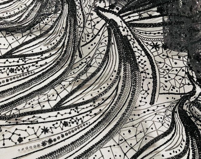 Black Rhinestones Glitter Fabric on a Mesh By The Yard | Fashion Desing Glitter Rhinestones on Mesh Fabric, Wedding Bridal/Prom