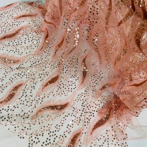 Coral Embroidery Beaded Fabric By The Yard With Sequin Fabric, Sequin on a Mesh Fabric, Handmade Lace, Beads on a Mesh