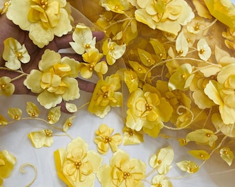 Yellow Gold 3D Floral Lace Fabric with Pearls - Orquidia Design By The Yard
