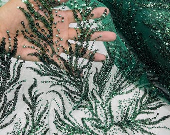 Hunter Green Beaded Fabric by the yard, Bridal beaded, Damask Pattern With Beads and Sequin, Appliqué lace for bridals,weddings,prom dress