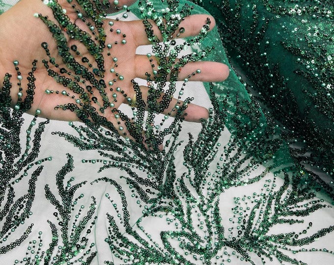 Hunter Green Beaded Fabric by the yard, Bridal beaded, Damask Pattern With Beads and Sequin, Appliqué lace for bridals,weddings,prom dress