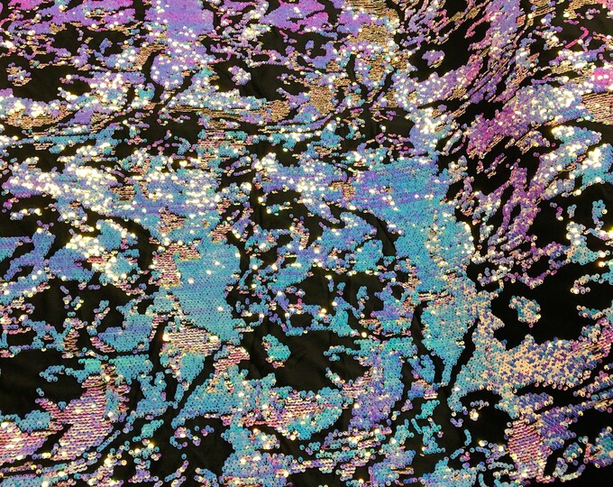Iridescent Aqua Sequin on Black Stretch Velvet With Luxury Reversible Sequins Shining Sequins 2-way Stretch 58/60” (Choose The Measure)