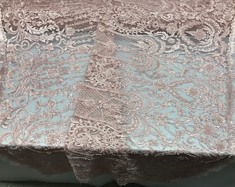 Pink Beaded Fabric - by yard - Embroidered Damask Pattern With Pearls and Beads on Mesh Lace Fabric Wedding