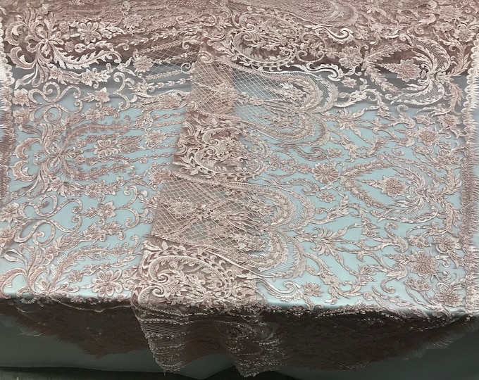 Pink Beaded Fabric - by yard - Embroidered Damask Pattern With Pearls and Beads on Mesh Lace Fabric Wedding