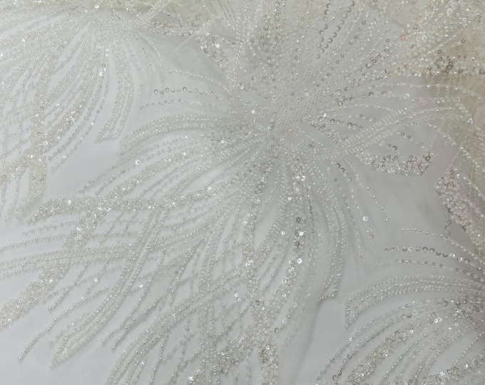Ivory Embroidery Beaded Fabric With Sequin on a Mesh, Beaded Fabric Floral Bridal Lace Fabric by the yard