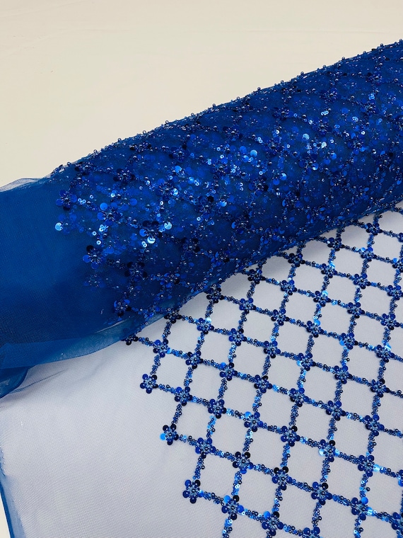 Royal Blue Geometric Pattern Bead Fabric, Embroidery Beaded