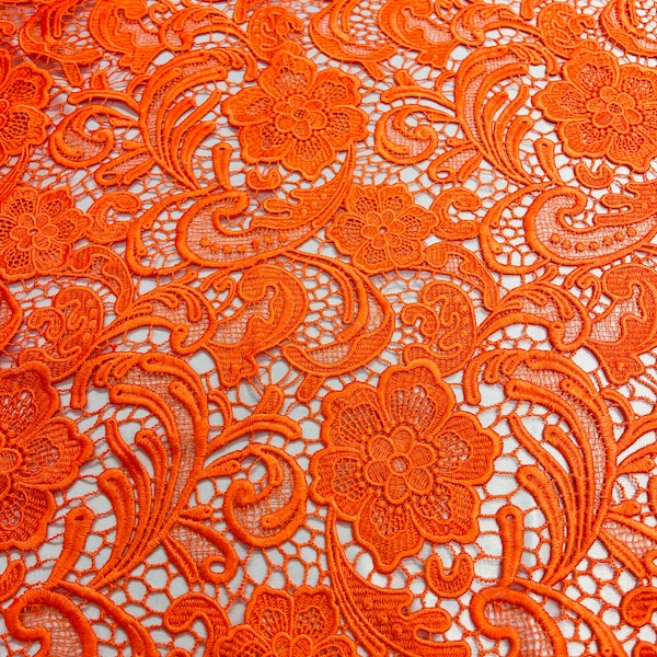 Mia Fabrics Inc, Orange Guipure Lace Fabric Floral Bridal Lace Guipure Wedding Dress by the Yard