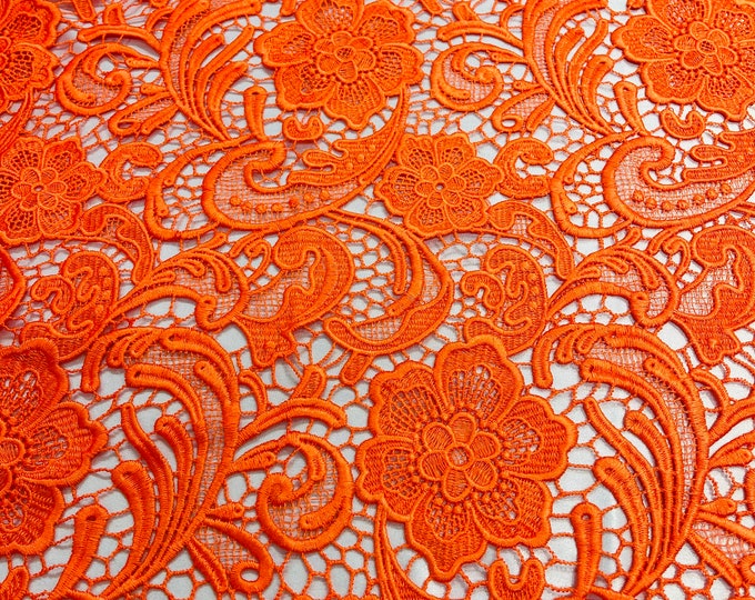 Mia Fabrics Inc, Orange Guipure Lace Fabric Floral Bridal Lace Guipure Wedding Dress by the Yard (Pick a Size)