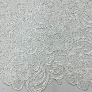 Mia Fabrics Inc, White Guipure Lace Fabric Floral Bridal Lace Guipure Wedding Dress by the Yard (Pick a Size)