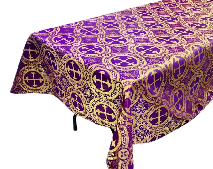 Purple Gold Religious Brocade Tablecloth - Liturgical Fabric - Ecclesiastical Jacquard Tablecloth, Church Vestment, Cross Brocade Tablecloth