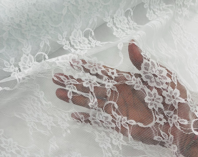 White Stretch Spandex Mesh Net Lace Fabric Sold by the yard - Floral Pattern 4 Way Stretch