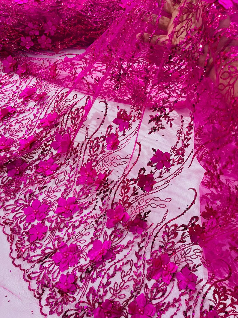 Fuchsia 3D Flower Sequin Fabric, Glitter Floral Mesh, Wedding Dress ...