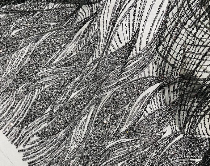 Black Beaded Lace Fabric: Embroidered Mesh, Bridal Wedding Dress - Sold By The Yard