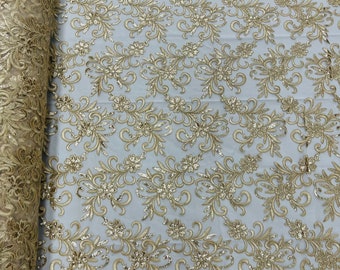 Taupe Floral Lace Fabric: Embroidered Sequins Mesh, Bridal Gown Fabric