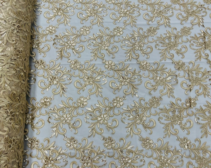 Taupe Floral Lace Fabric, by the yard - Embroidery With Sequins on a Mesh Lace Fabric For Gown, Wedding-Bridal