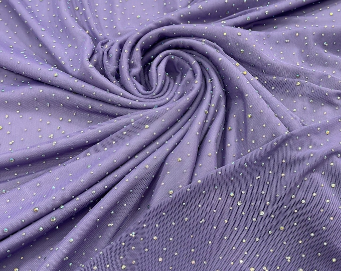Lavender | AB Rhinestones Fabric On Lavender Power Mesh Polyester Spandex Fabric With Crystal Stones | AB Rhinestones Fabric sold by yard