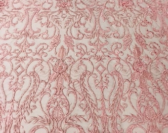 Dusty Rose Damask Beaded Fabric: Embroidered Floral Mesh, Bridal Wedding Fabric