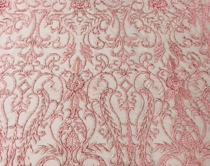 Glam Damask Beaded Fabric, Dusty Rose - Embroidered Fashion Fabric with Beads Wedding Bridal Sold By Yard