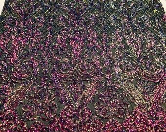 Royal Iridescent Sequin Geometric Damask Design - by the yard - 4 Way Stretch Sequins Fabric On Spandex Mesh-Prom-Gown