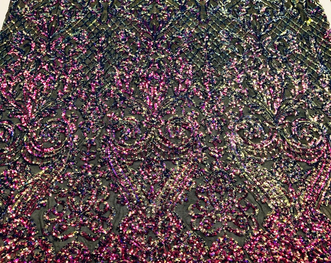 Royal Iridescent Sequin Geometric Damask Design - by the yard - 4 Way Stretch Sequins Fabric On Spandex Mesh-Prom-Gown