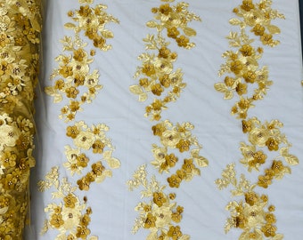 Gold 3D Floral Lace Fabric: Pearl Flower Bridal Wedding Lace