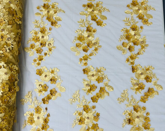 Mia Fabrics Inc, Gold 3D Floral-Flower With Pearl, Bridal Lace 3D Flower Wedding Lace by the Yard (Pick a Size)