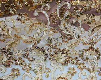 Champagne Metallic Corded Flower Lace Fabric by the yard: Embroider With Holographic Sequins Fabric