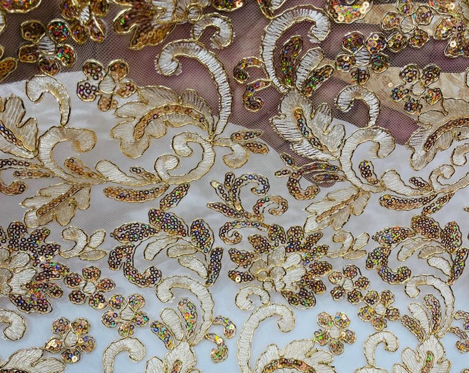 Champagne Metallic Corded Flower Lace Fabric by the yard: Embroider With Holographic Sequins Fabric