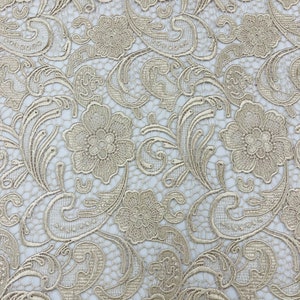 May include: A close-up of a beige lace fabric with a floral pattern. The lace has a delicate, intricate design with small flowers and swirls.