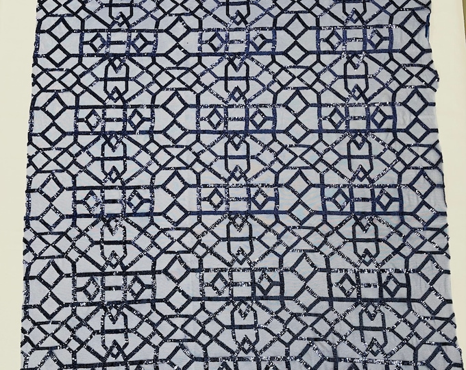 Navy Blue Sequin 4 Way Stretch Geometric Elena Design Embroidered Shiny Sequins Fabric for Prom Gala Gown Sold By Yard