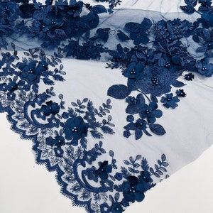 Navy Blue 3D Floral Lace Fabric With Pearls - Bridal Wedding Lace - Etsy