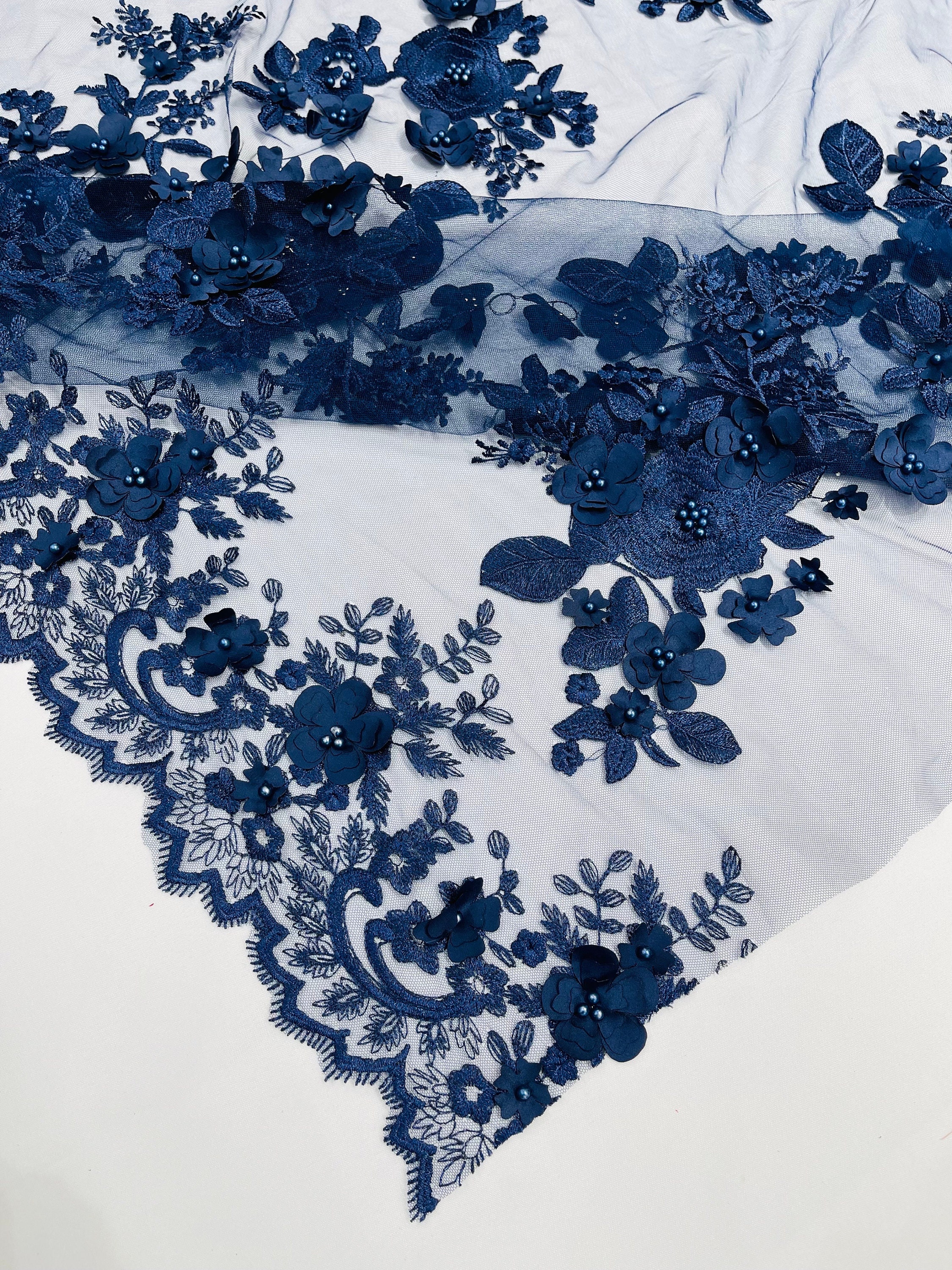 Navy Blue 3D Floral Lace Fabric With Pearls - Bridal Wedding Lace - Etsy