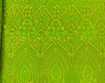 Lime Green iridescent Sequin Fabric on a Mesh 4 Way Stretch - Geometric Design Embroidery With Sequins Iridescent (Pick a Size) by the yard