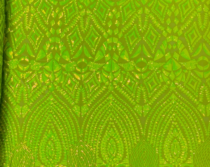Lime Green iridescent Sequin Fabric on a Mesh 4 Way Stretch - Geometric Design Embroidery With Sequins Iridescent (Pick a Size) by the yard